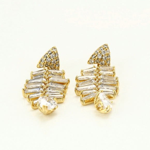 Fishbone Earrings 14k Gold Plated CZ Stone Luxury Jewelry - Picture 5 of 11
